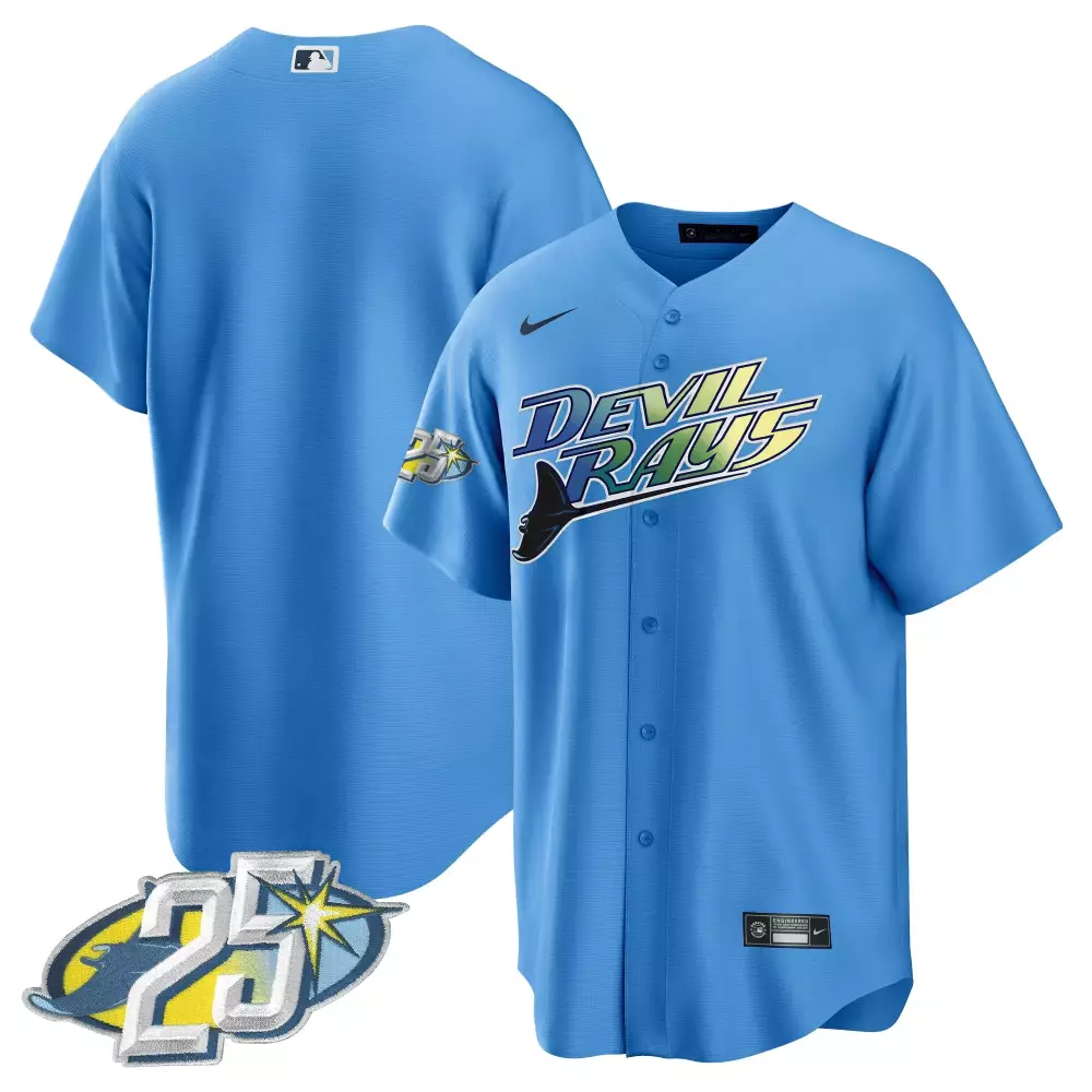 team light blue mens tampa bay rays 25th anniversary patch cool base jersey all stitched