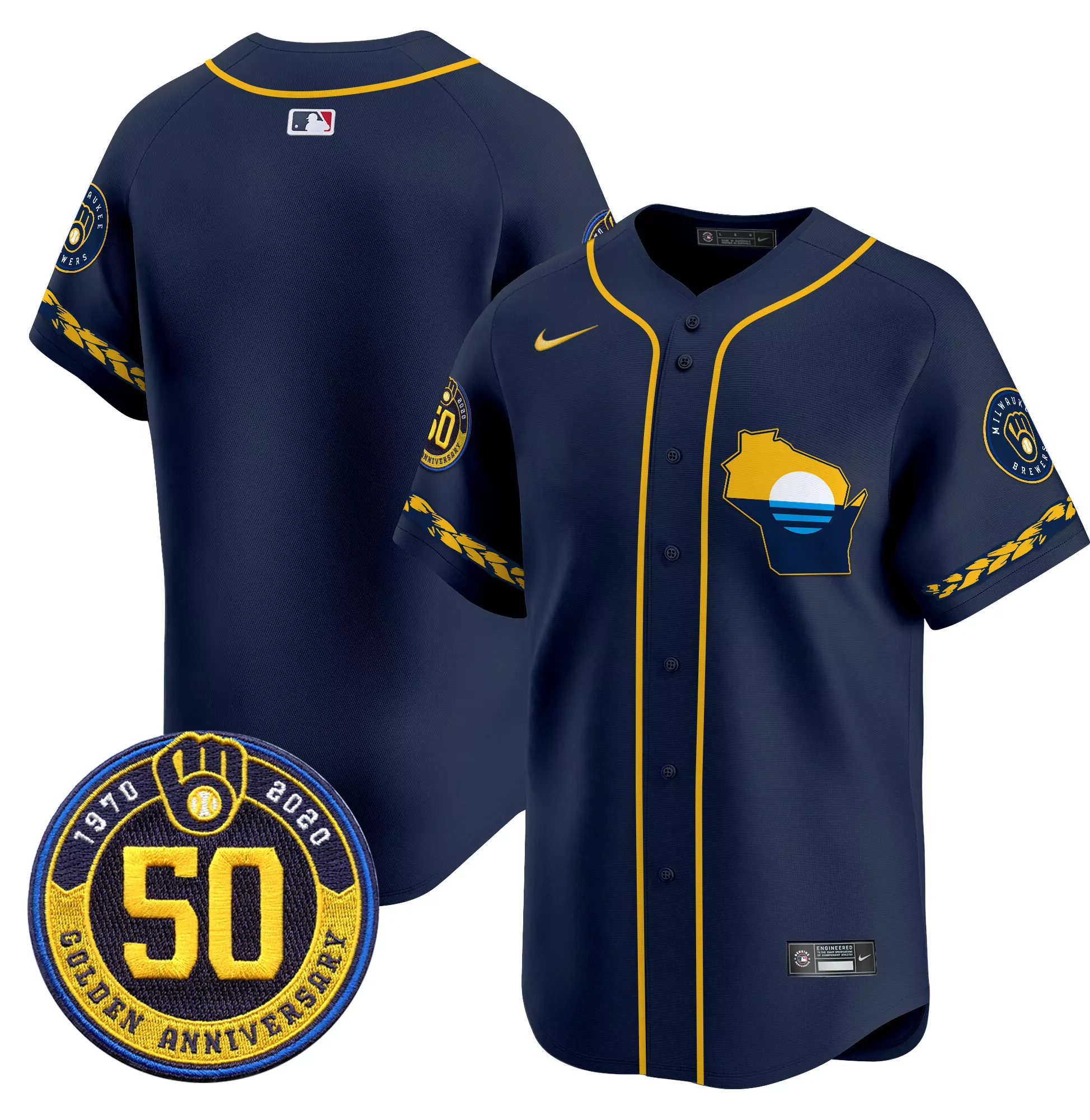 team navy mens milwaukee brewers golden 50th anniversary patch vapor premier limited jersey all stitched