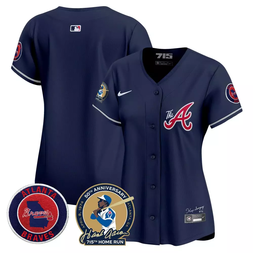 Hank Aaron 715th Home Run Patch Women's Navy Braves Jersey V2 | Vapor Premier Limited Edition | Fan Gear | For Men, Women & Youth