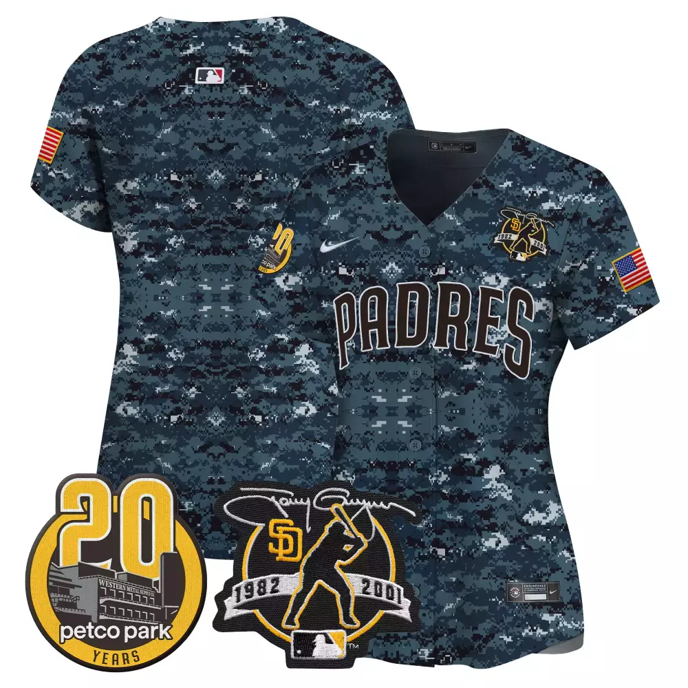 San Diego Padres Women's Navy Tony Gwynn Petco Park 20th Patch USMC Vapor Premier Limited Jersey | Stitched Fan Gear | For Men, Women & Youth