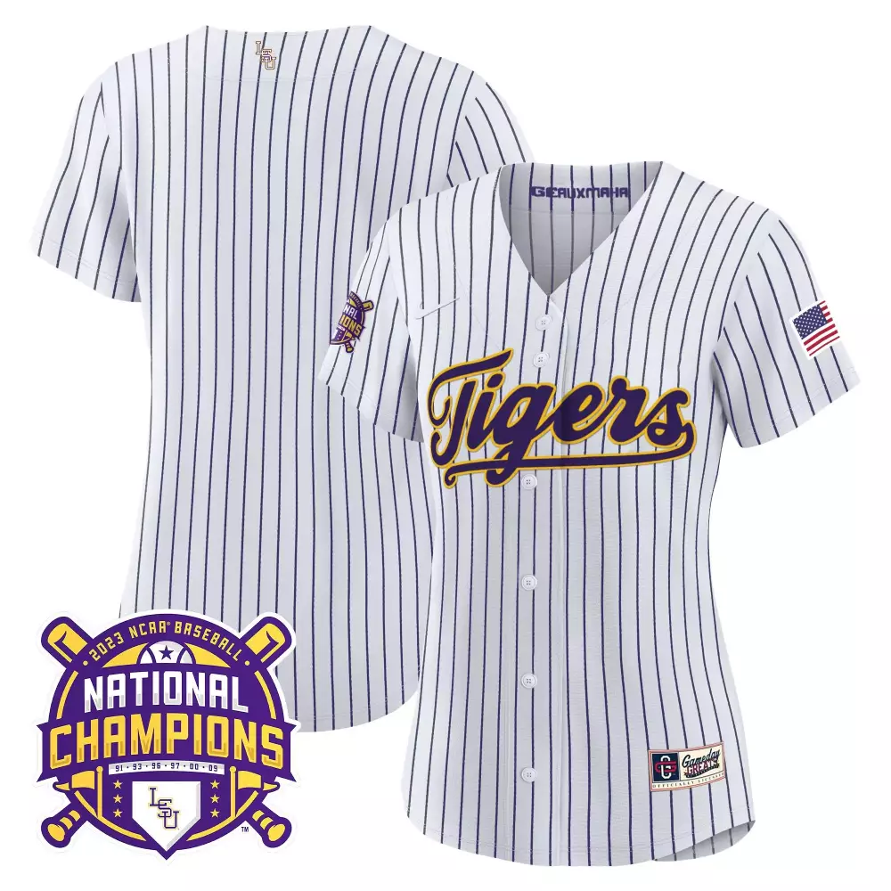 team pinstripe womens lsu tigers 2023 national champions gold cool jersey all stitched