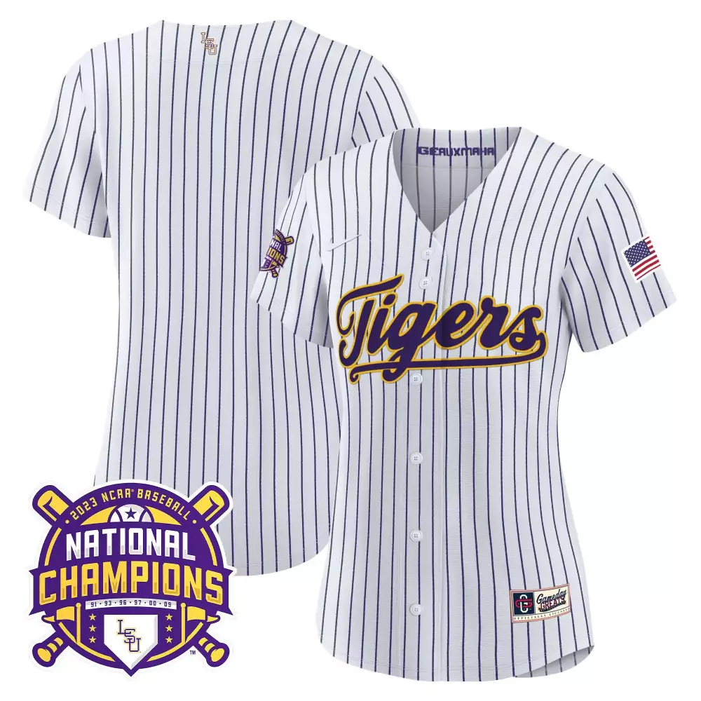 team pinstripe womens lsu tigers 2023 national champions gold cool jersey all stitched