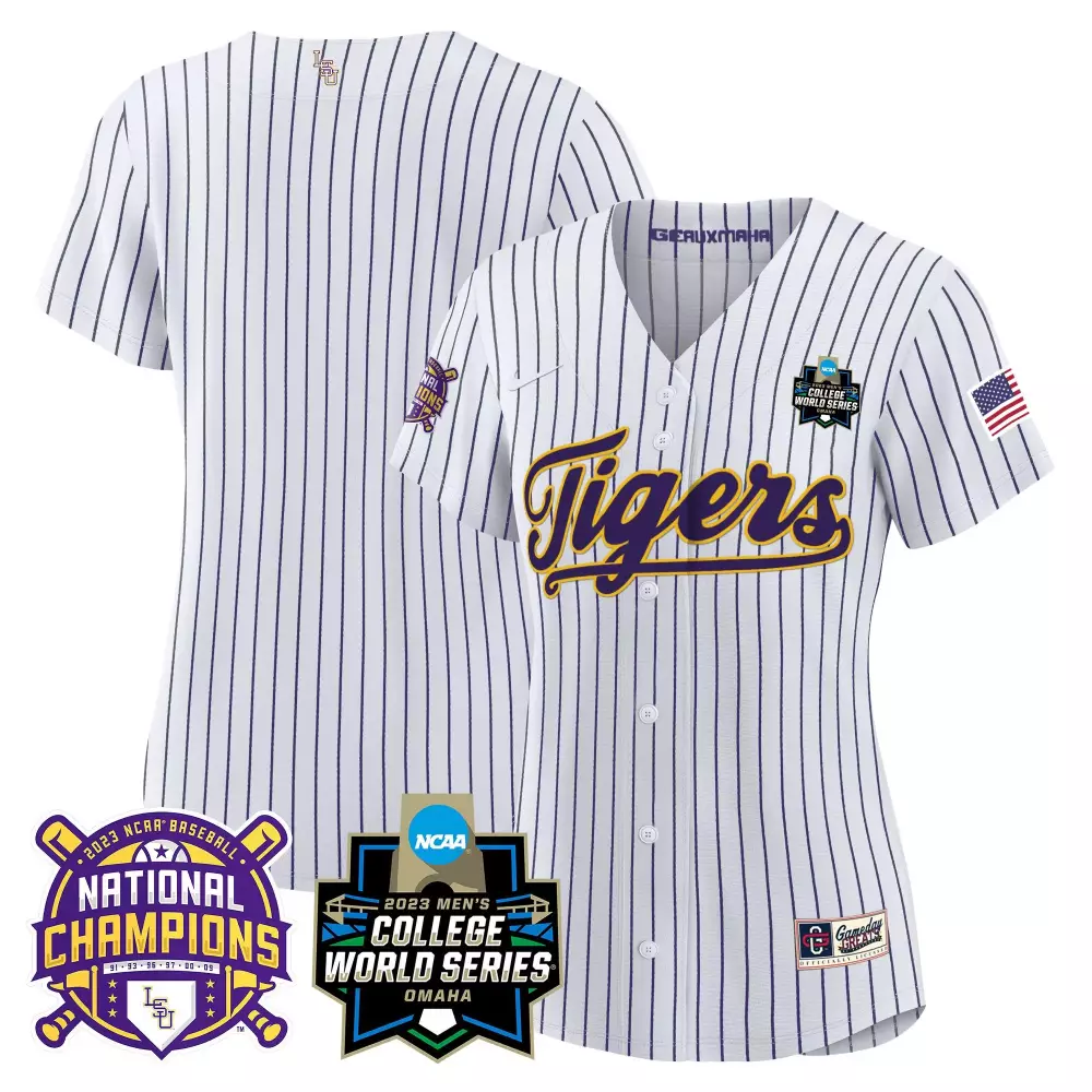team pinstripe womens lsu tigers 2023 national champions gold cool jersey all stitched
