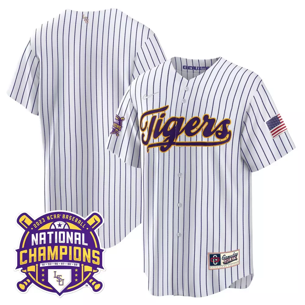 team pinstripe womens lsu tigers 2023 national champions gold cool jersey all stitched