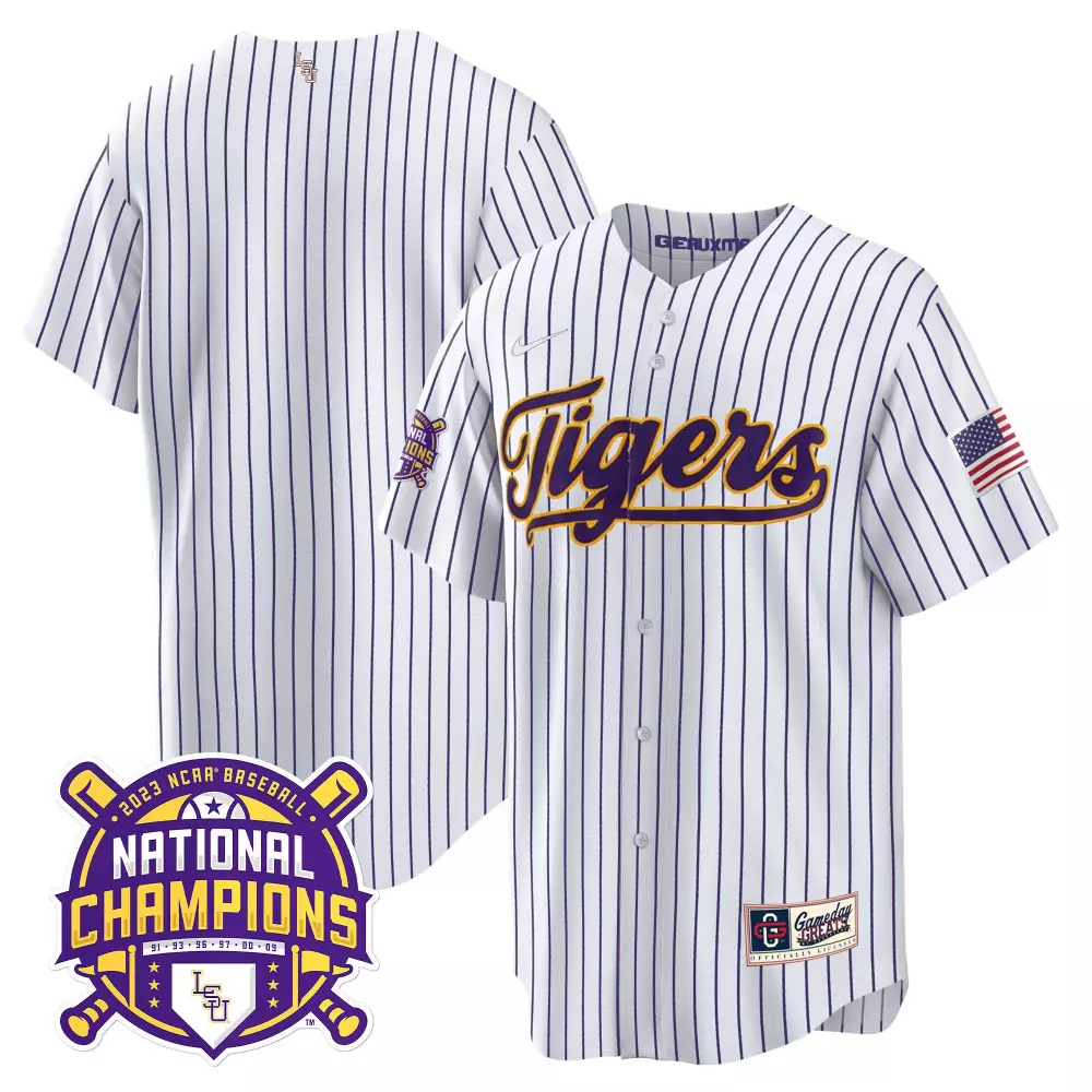 team pinstripe womens lsu tigers 2023 national champions gold cool jersey all stitched