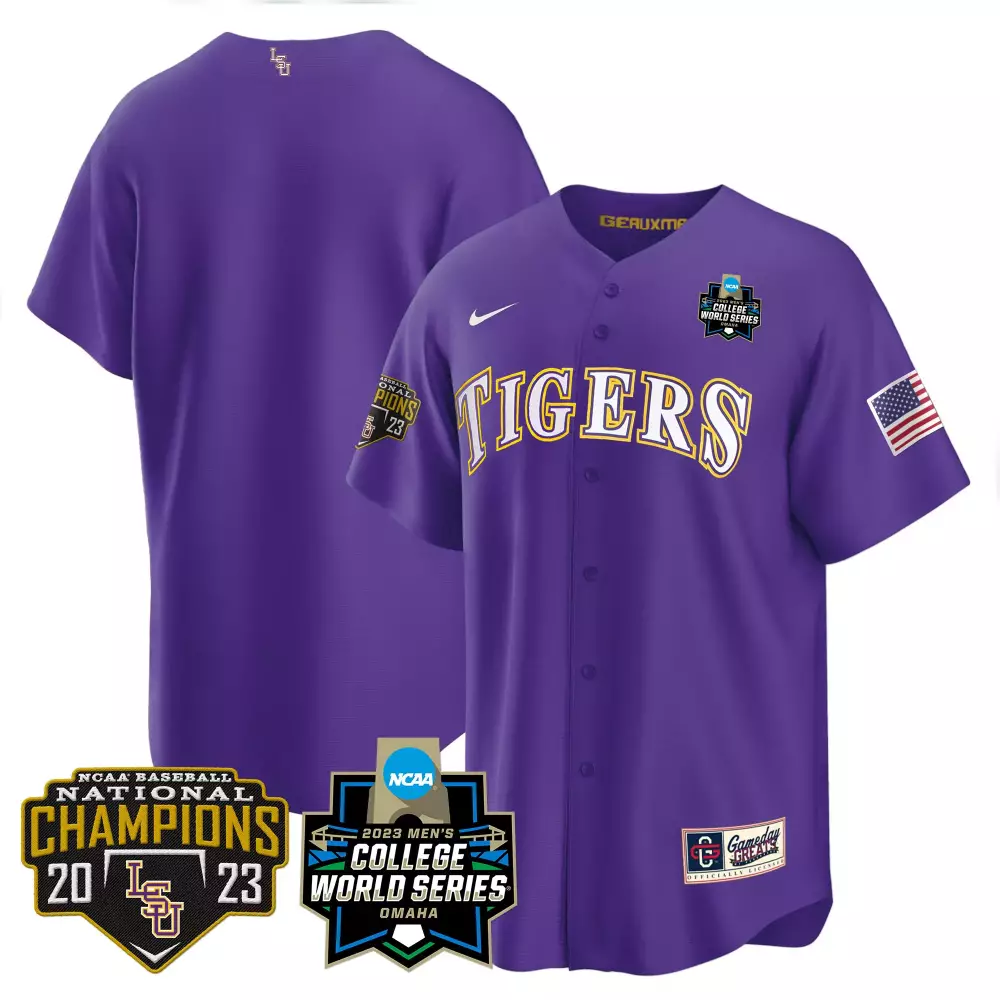 team purple mens lsu tigers 2023 national champions gold cool jersey v4 all stitched