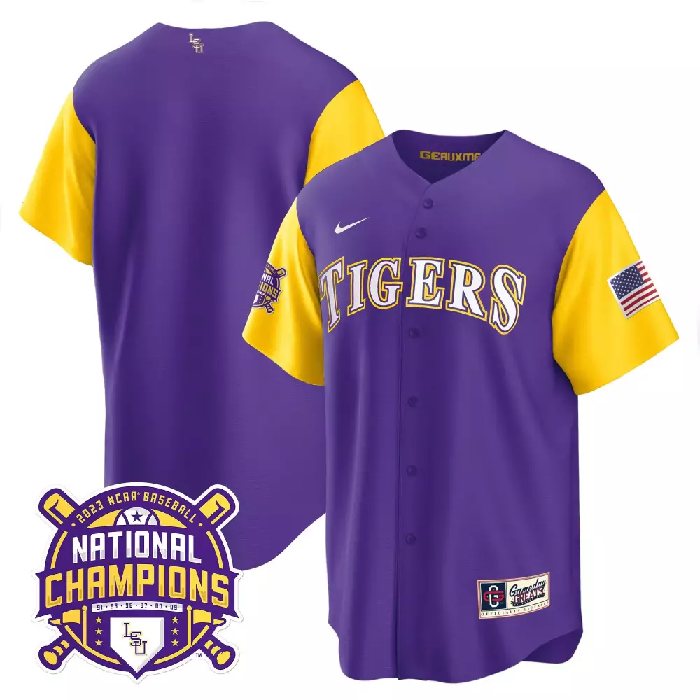 team purple sleeves mens lsu tigers 2023 champions alternate color sleeves jersey all stitched