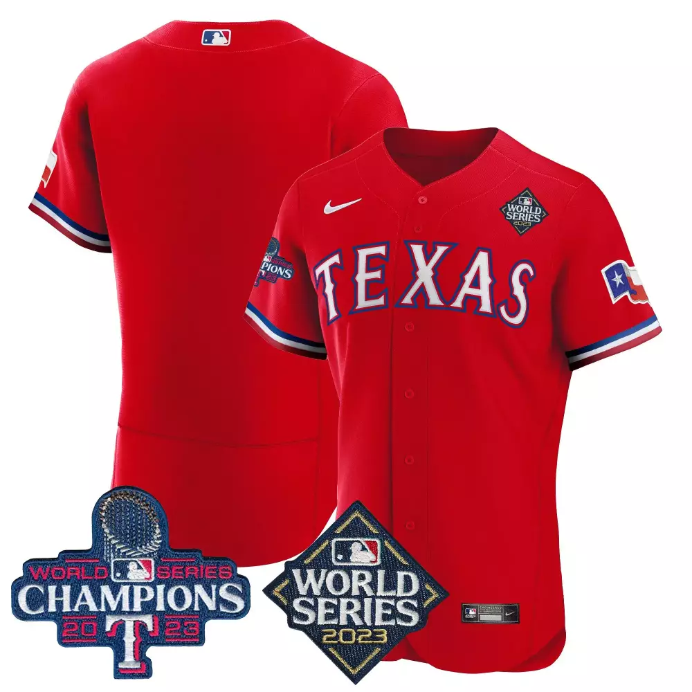 team red mens texas rangers 2023 world series champions flex base jersey v4 all stitched