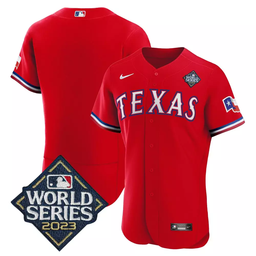 team red mens texas rangers 2023 world series flex base jersey v2 all stitched