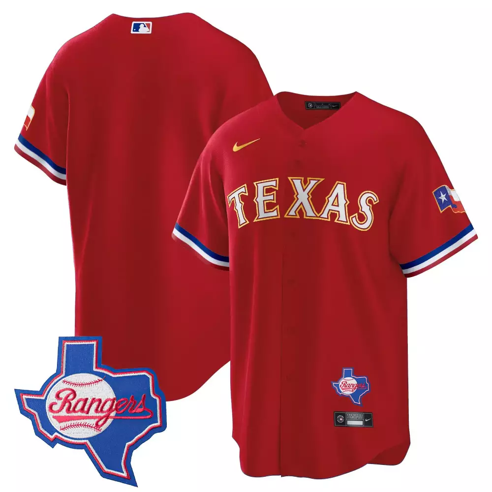 team red mens texas rangers gold trim cool base jersey texas patch all stitched