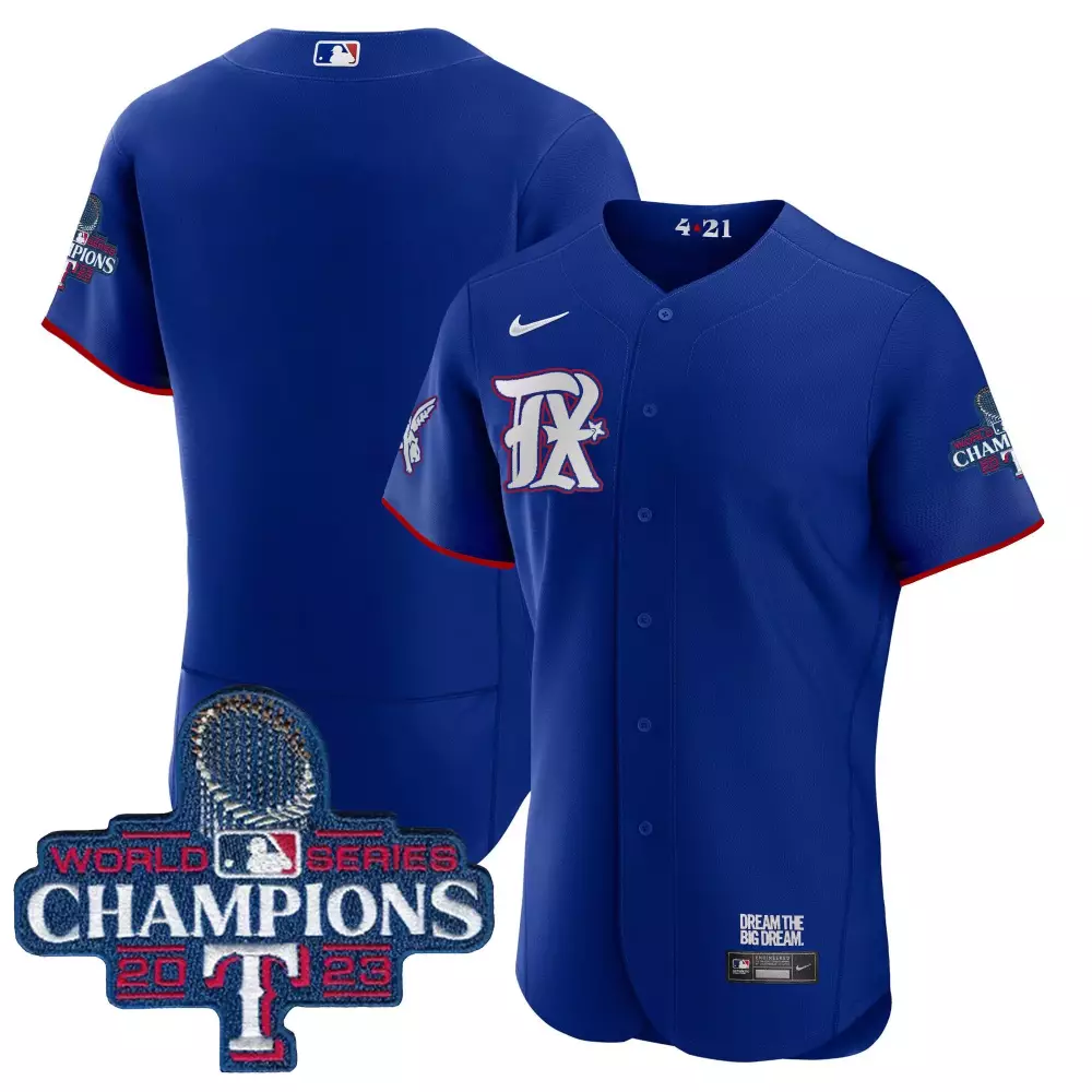 team royal mens texas rangers 2023 world series champions city connect flex base jersey all stitched