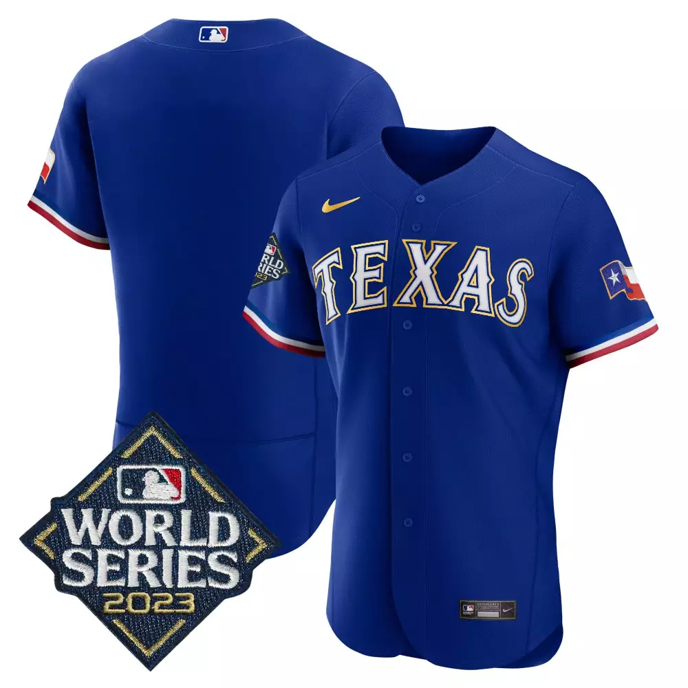 team royal mens texas rangers 2023 world series flex base gold trim jersey all stitched