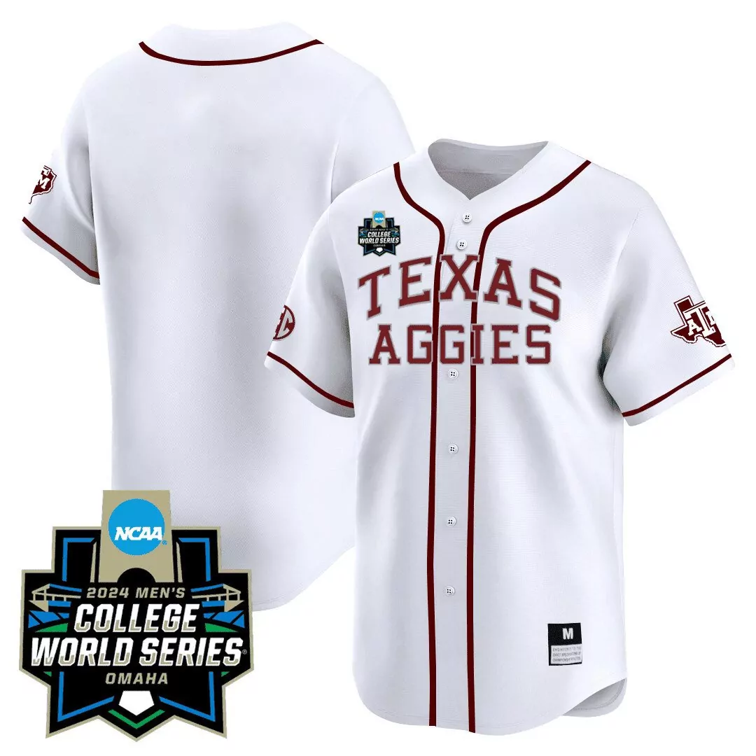 team white alternate mens texas am aggies 2024 college world series patch vapor premier limited jersey all stitched