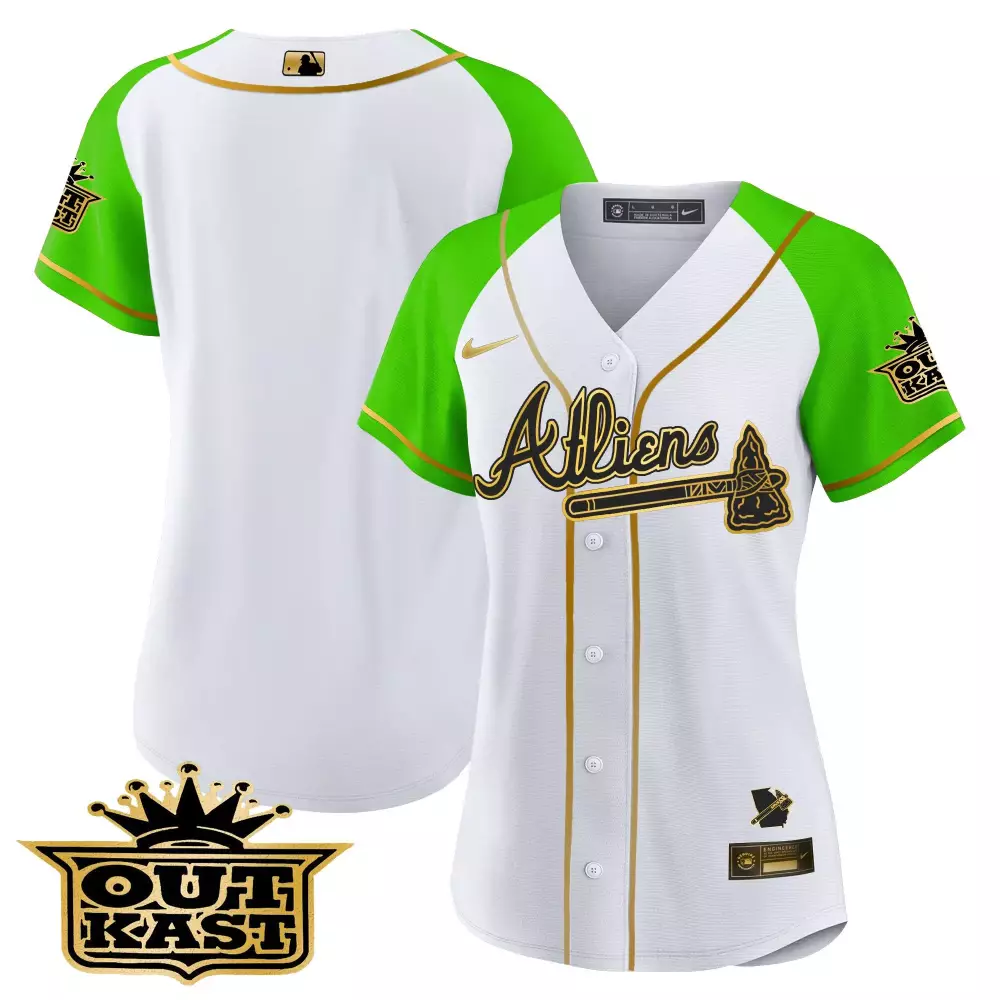 White & Bright Green Atlanta Braves ATLiens Gold Alternate Baseball Jersey | All Stitched Fan Gear | For Women, Men & Youth