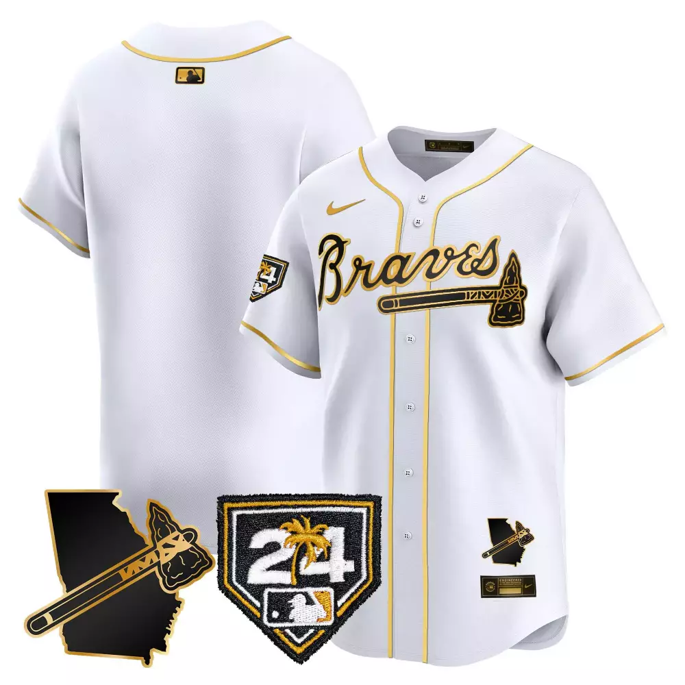White & Gold Atlanta Braves 2024 Spring Training Georgia Patch Vapor Premier Limited Jersey | Stitched Fan Gear | For Men, Women & Youth