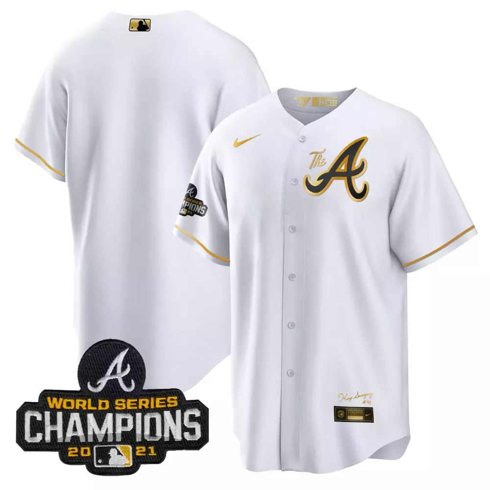 White & Gold Atlanta Braves Champions City Connect Gold Cool Base Jersey | All Stitched Fan Gear | For Men, Women & Youth
