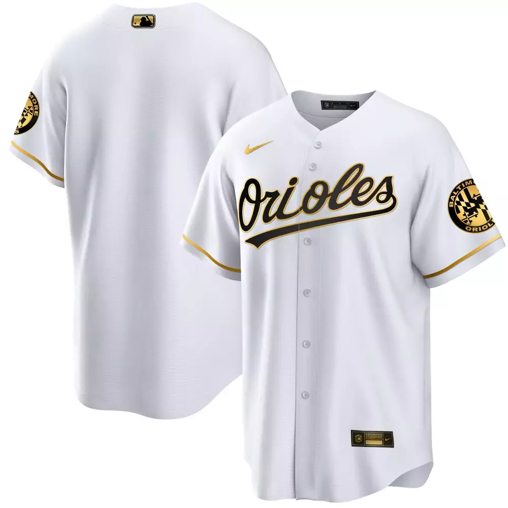 team white gold mens baltimore orioles 2023 special gold cool jersey all stitched