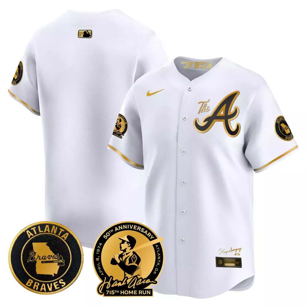 White & Gold Hank Aaron Atlanta Braves 715th Home Run Patch Vapor Premier Limited Jersey | All Stitched Fan Gear | For Men, Women & Youth