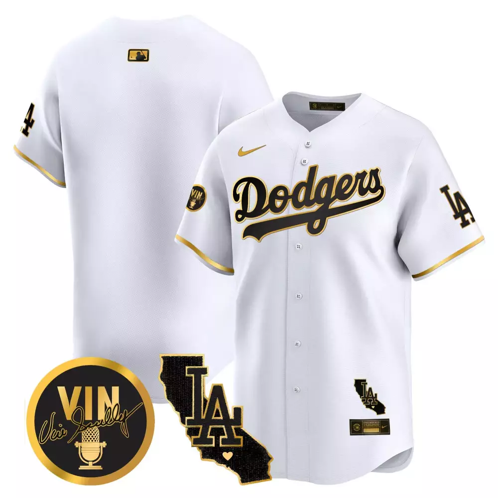 Los Angeles Dodgers Vin California Patch Gold Vapor Premier Jersey | Limited Edition Stitched Fan Gear | For Men, Women & Youth
