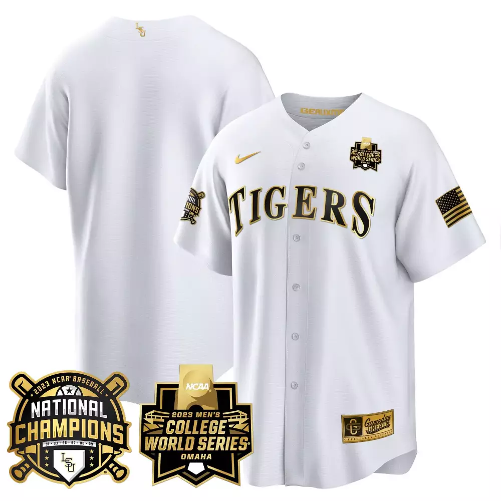 team white gold mens lsu tigers 2023 national champions gold cool jersey v3 all stitched