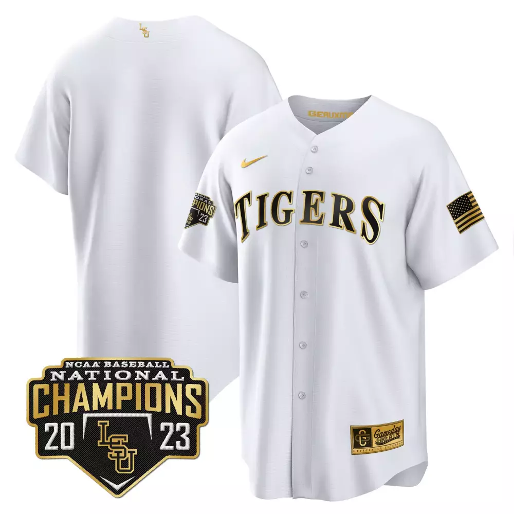 team white gold mens lsu tigers 2023 national champions gold cool jersey v3 all stitched
