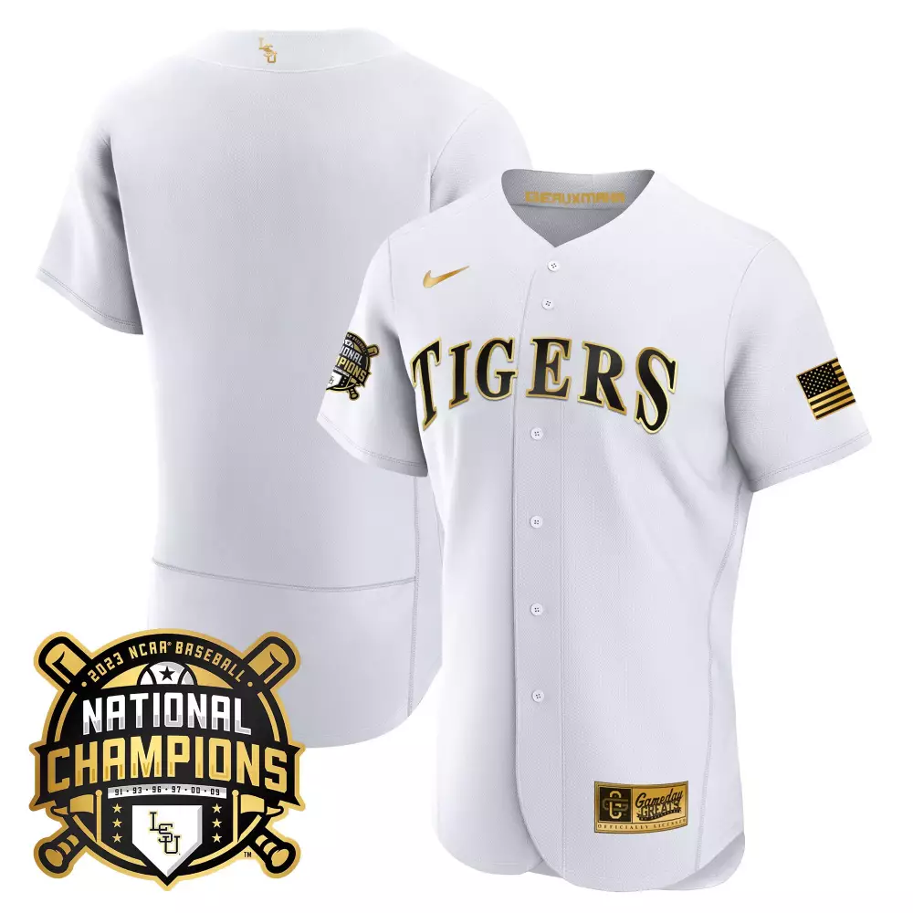 team white gold mens lsu tigers 2023 national champions gold cool jersey v3 all stitched