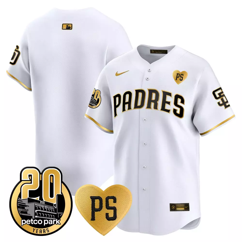 San Diego Padres Team White Gold Jersey | 20th Patch Vapor Premier Limited Edition | Fan Gear for Men, Women & Youth
