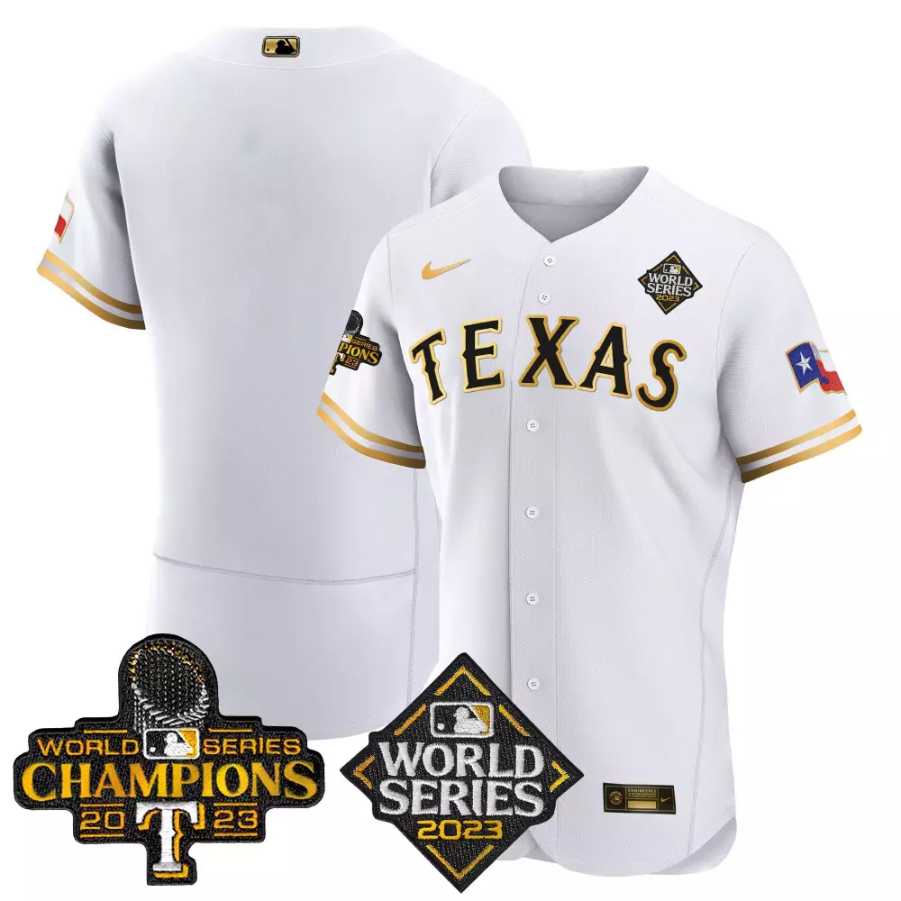 team white gold mens texas rangers 2023 world series champions flex base jersey v4 all stitched