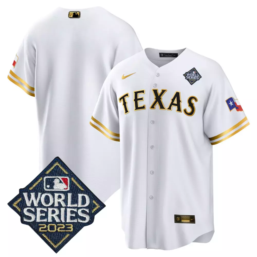 team white gold mens texas rangers 2023 world series cool base jersey v2 all stitched