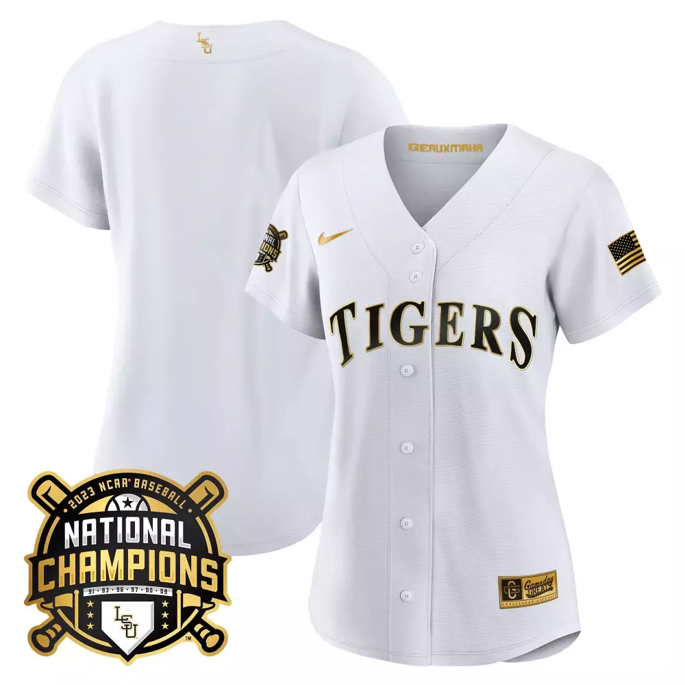 team white gold womens lsu tigers 2023 national champions gold cool jersey all stitched