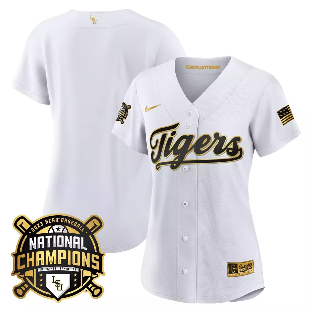 team white gold womens lsu tigers 2023 national champions gold cool jersey all stitched