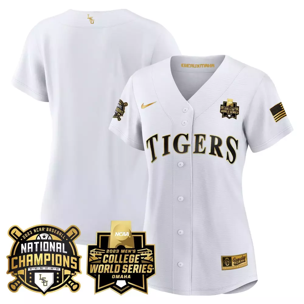 team white gold womens lsu tigers 2023 national champions gold cool jersey all stitched