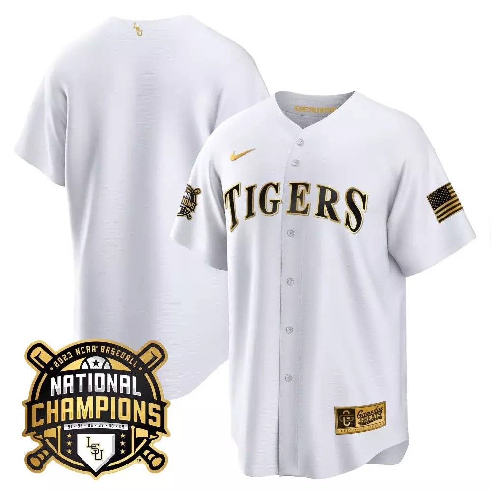 team white gold womens lsu tigers 2023 national champions gold cool jersey all stitched