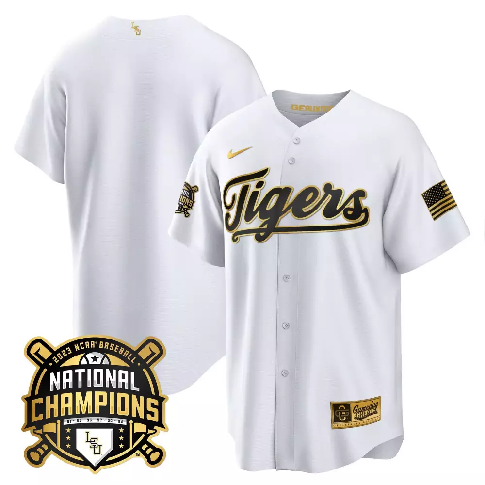 team white gold womens lsu tigers 2023 national champions gold cool jersey all stitched