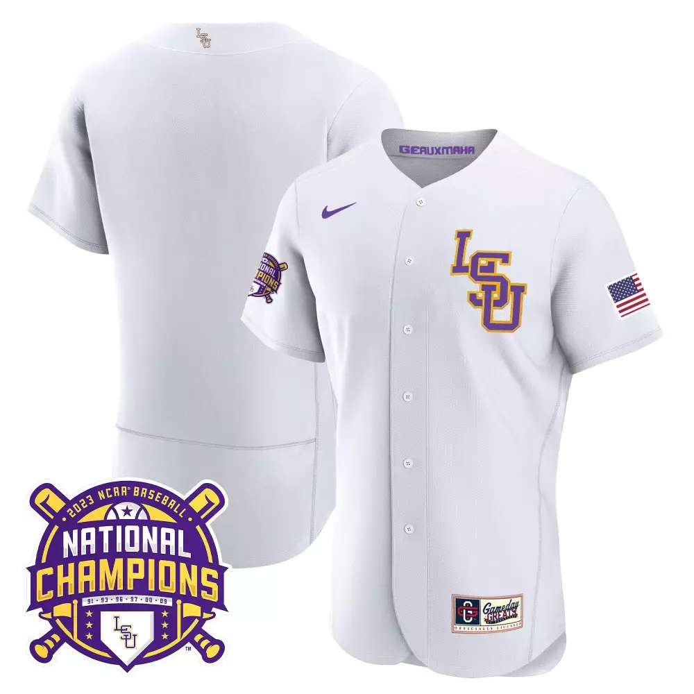 team white lsu mens lsu tigers 2023 national champions gold flex jersey all stitched