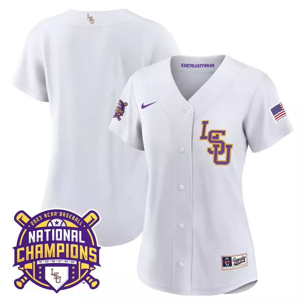 team white lsu mens lsu tigers 2023 national champions gold flex jersey all stitched