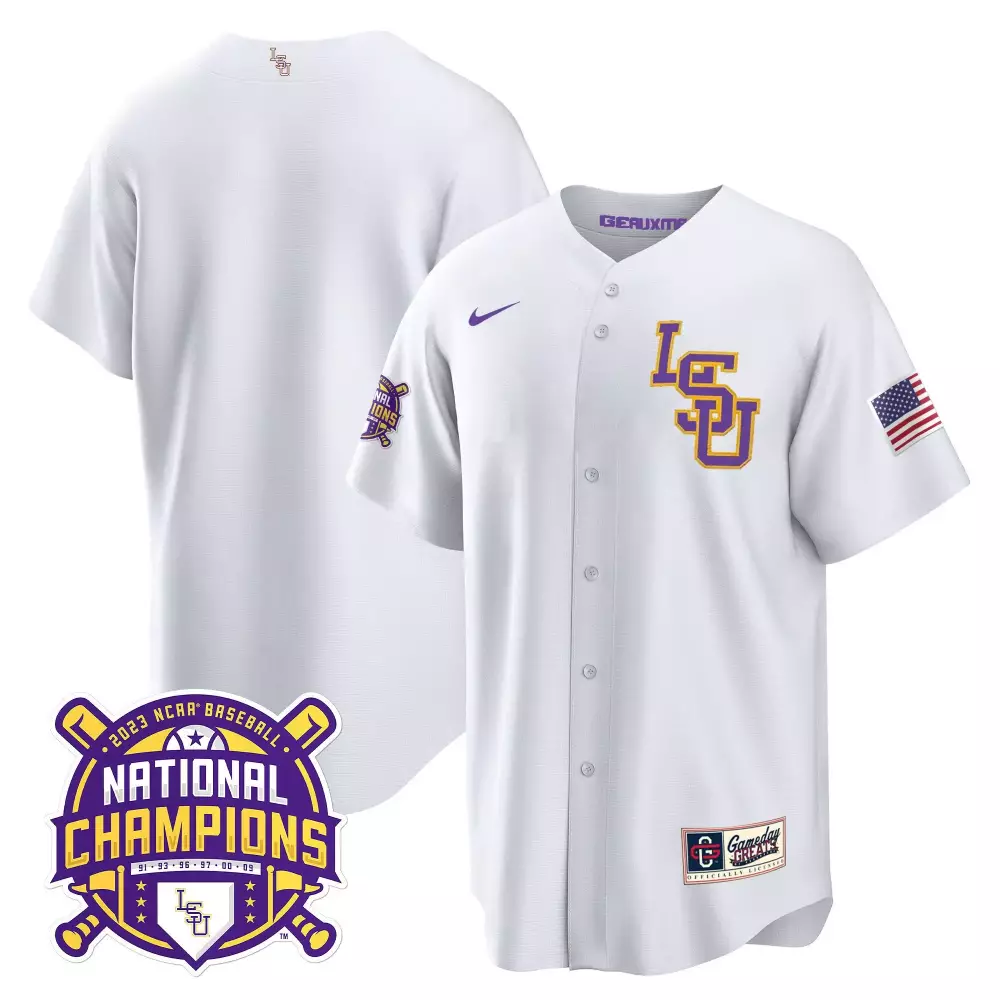 team white lsu mens lsu tigers 2023 national champions gold flex jersey all stitched