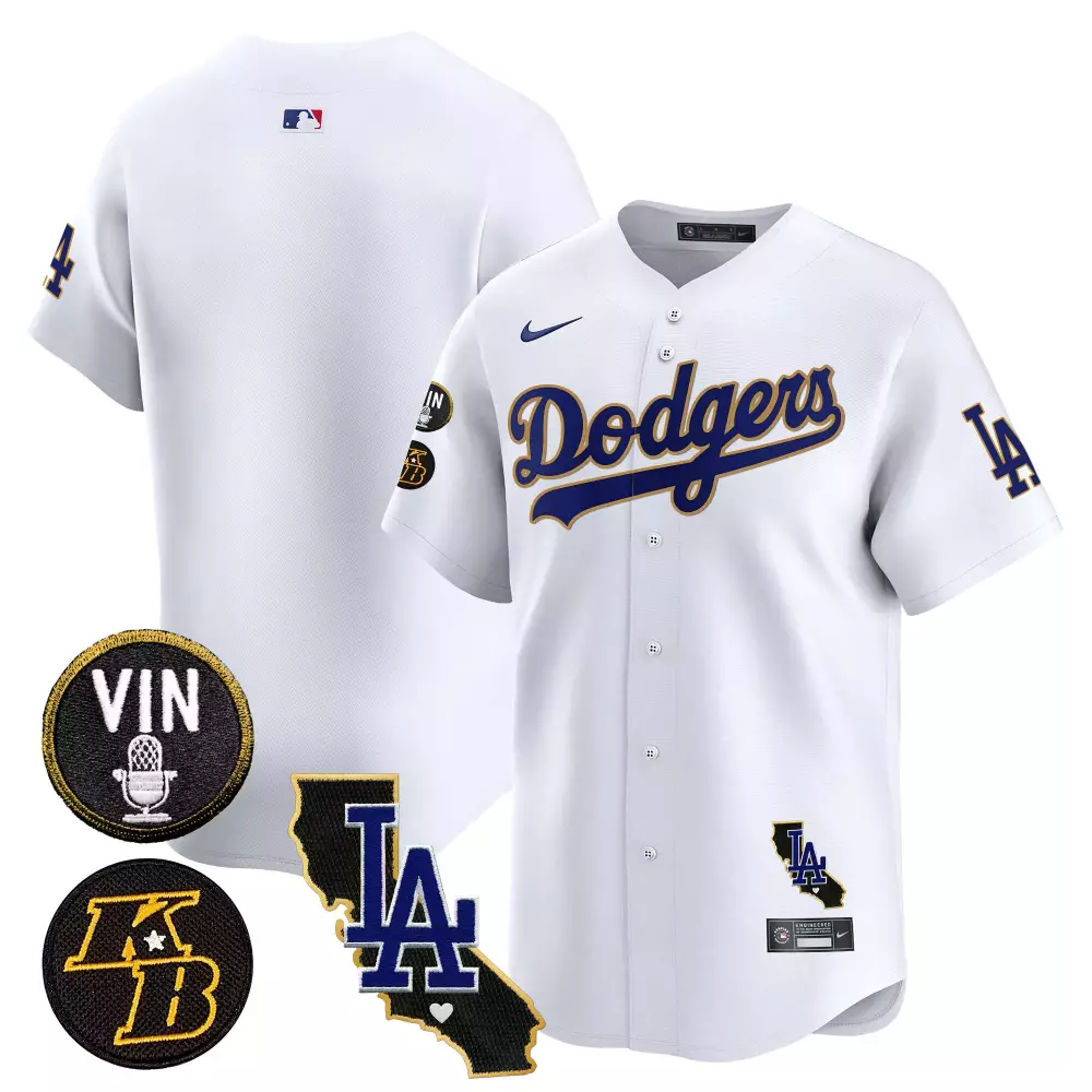 Los Angeles Dodgers Vin Kobe Patch Gold Trim Vapor Premier Limited Jersey | Stitched White Design | Fan Gear for Men, Women & Youth