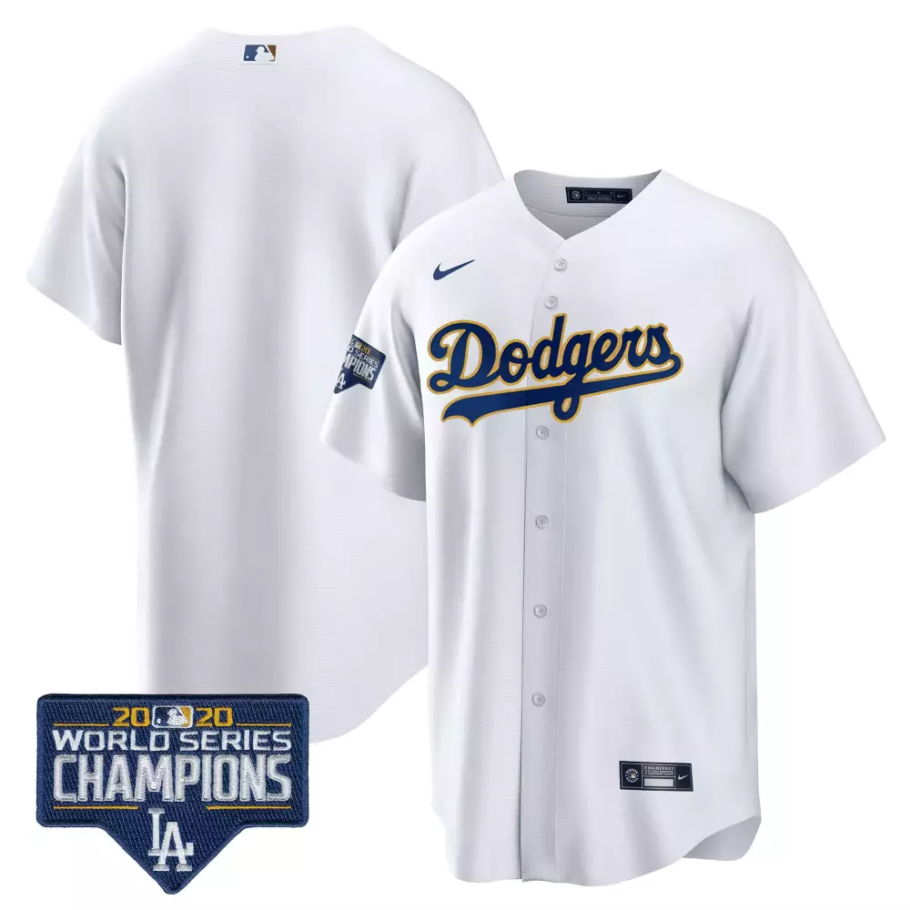 Los Angeles Dodgers World Series Champions Patch Cool Base Gold Trim Jersey | Stitched White Design | Fan Gear for Men, Women & Youth