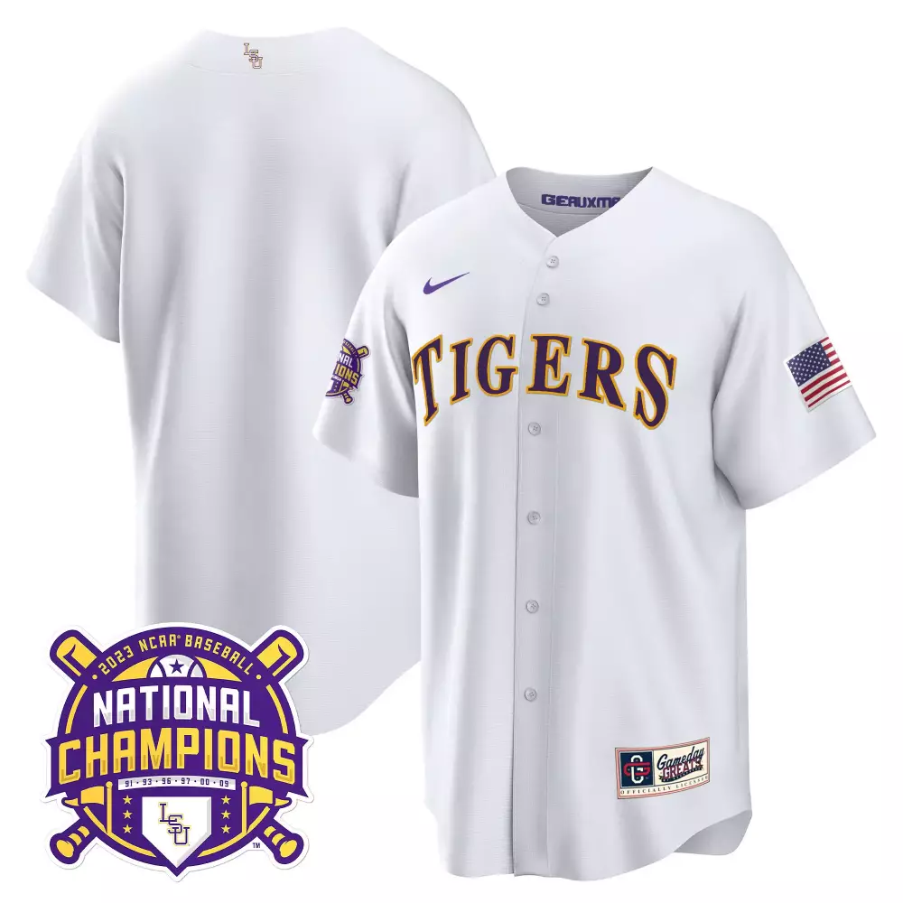 team white lsu youths lsu tigers 2023 national champions gold cool jersey v2 all stitched