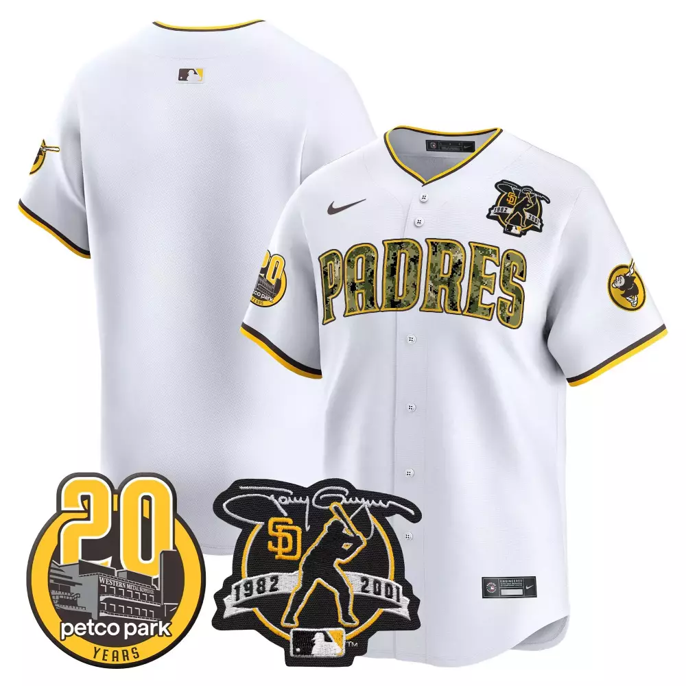 team white mens san diego padres tony gwynn petco park 20th patch usmc vapor premier limited jersey v2 all stitched