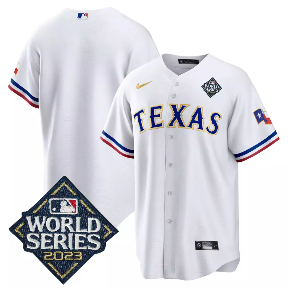 team white mens texas rangers 2023 world series cool base gold trim jersey v2 all stitched