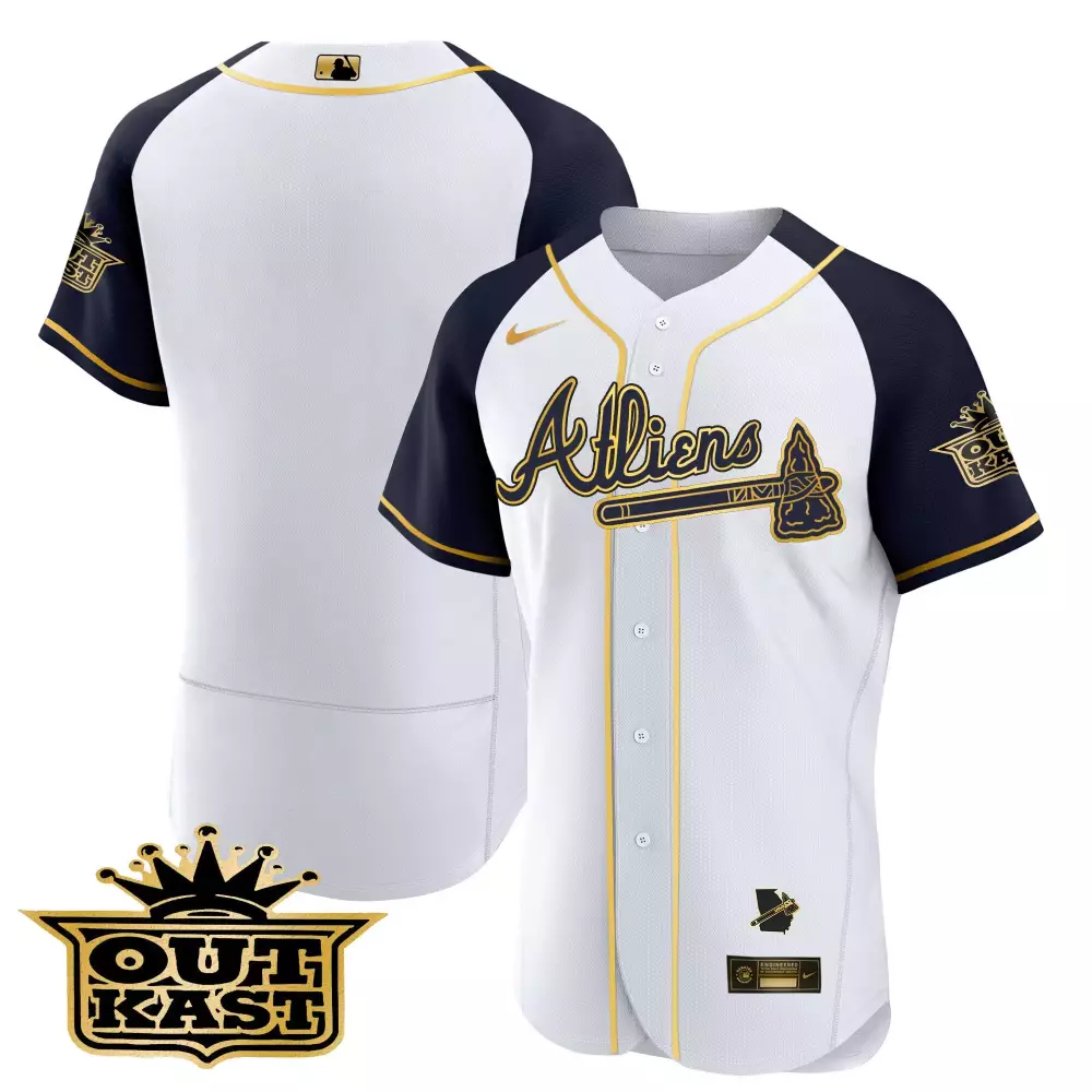 team white navy mens atlanta braves atliens gold alternate flex base jersey all stitched