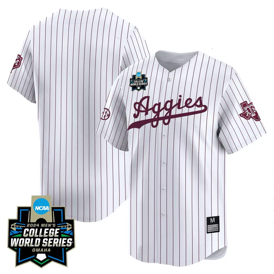 team white pinstripe mens texas am aggies 2024 college world series patch vapor premier limited jersey all stitched
