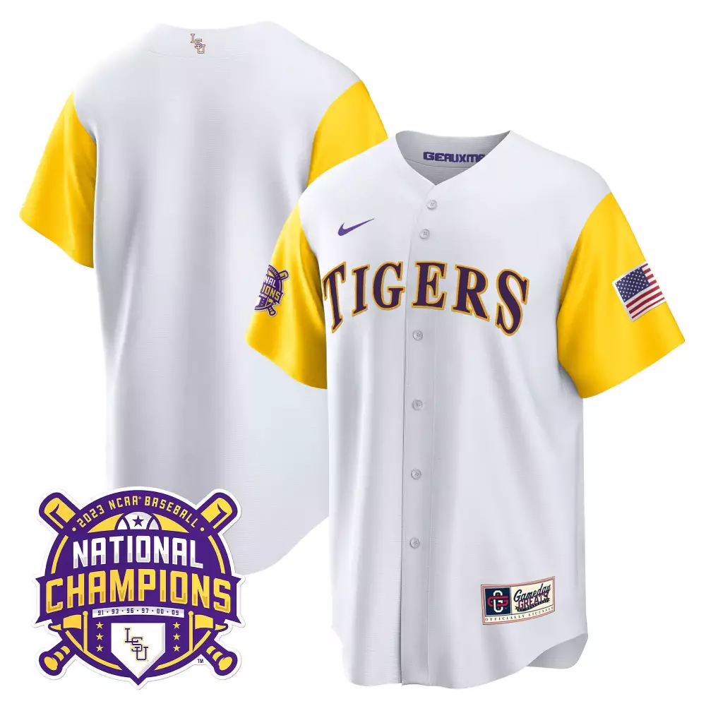 team white mens lsu tigers 2023 national champions gold cool jersey v5 all stitched