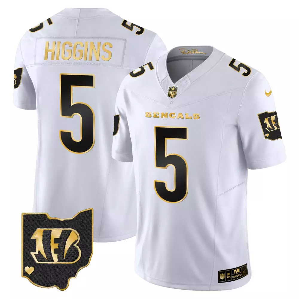 tee higgins white gold mens cincinnati bengals 55th 1968 2022 anniversary patch white gold black gold jersey all stitche