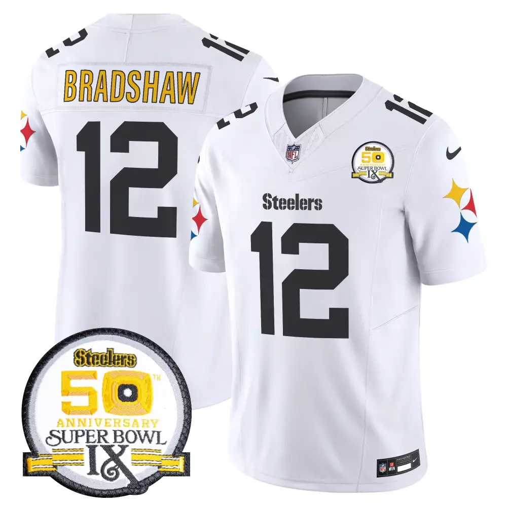 Terry Bradshaw 1975 White Steelers Vapor Limited Jersey | Super Bowl IX Patch | For Women, Men & Youth