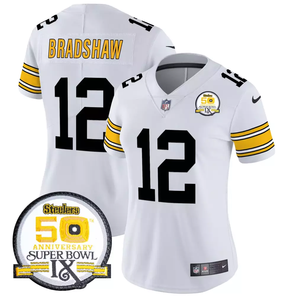 Terry Bradshaw 1975 White Steelers Vapor Limited Jersey | Super Bowl IX Patch | For Women, Men & Youth