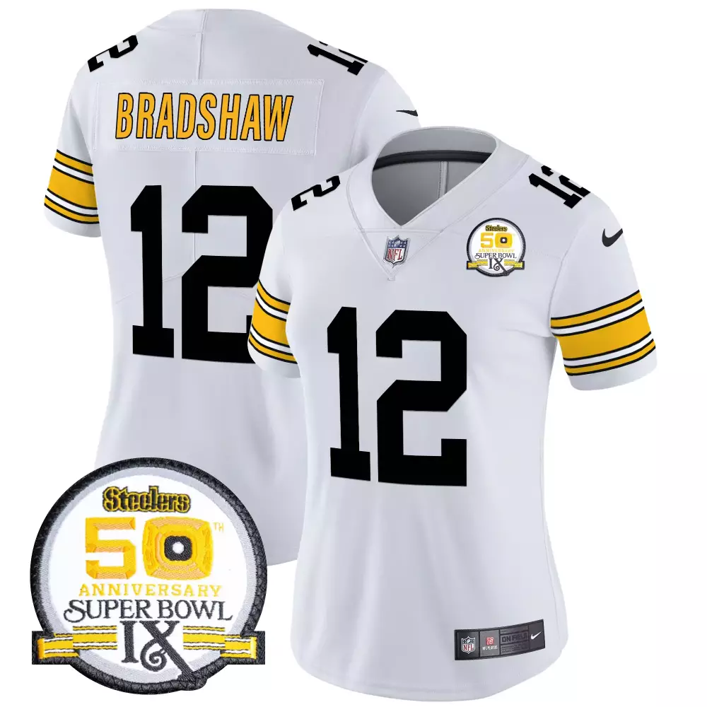 Terry Bradshaw 1975 White Steelers Vapor Limited Jersey | Super Bowl IX Patch | For Women, Men & Youth