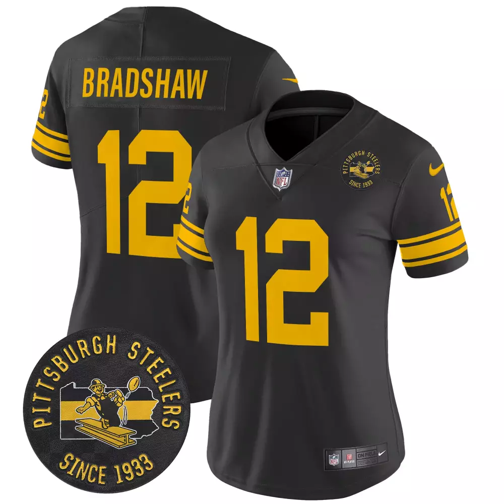 Terry Bradshaw Pittsburgh Steelers 1933 Throwback Jersey | Black Vapor Limited Edition | Stitched Fan Gear | For Women, Men & Youth